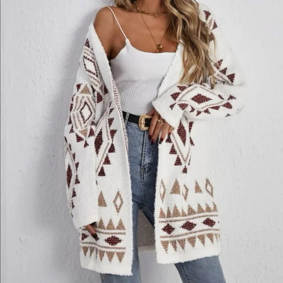 Boho Aztec Geo Knit Open Front Cardigan Sweater - Picture 1 of 5